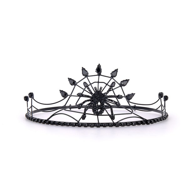 Black Spider Web Crown with Black Rhinestones - Halloween Spider Tiara - Gothic Witch Queen Costume - Evil Queen Crown Headpiece