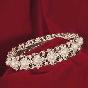 Rhinestone Hair Bun Wrap Crown, Lady in Waiting Princess Headpiece for Women with Faux Pearls, Comes in Gold or Silver