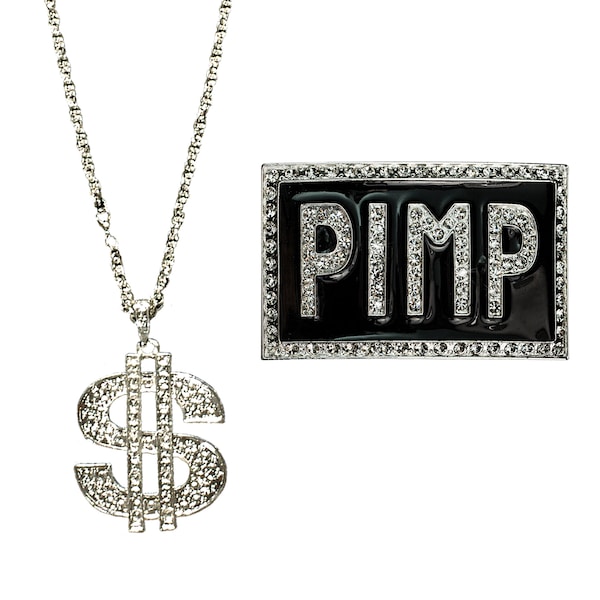Pimp Costume Accessory Set Rhinestone Belt Buckle and Dollar Sign Money Necklace Silver Chain Hip Hop Gangster Jewelry