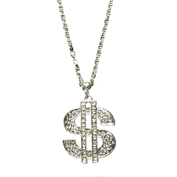 Silver Dollar Sign Necklace - Hip Hop Rapper Silver Chain - Money Chain Necklace for Pimp Costume Gangster Jewelry - Fake Metal Money Chain