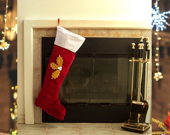 Holly Jolly Christmas Stocking, for Gifts and Presents, Extra Large with Golden Holly Design