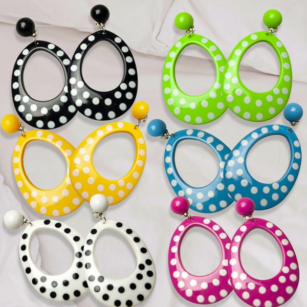 Retro 60s Teardrop Hoop Clip On Earrings | Bright Colorful Mod Polka Dots Oval Style | Vintage 60s 70s Accessories | 6 Colors Available