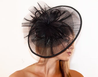 Black Large Saucer Fascinator "The Lola" with Wide Brim and Feathers, Ladies Derby Hat for Cocktail Tea Party, Wedding Headpiece, Hatinator