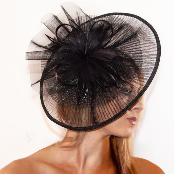 Black Large Saucer Fascinator "The Lola" with Wide Brim and Feathers, Ladies Derby Hat for Cocktail Tea Party, Wedding Headpiece, Hatinator