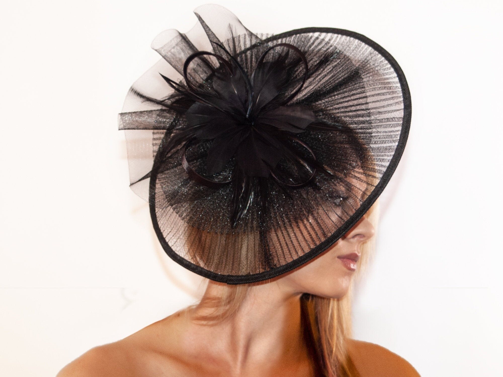 Large Saucer Fascinator: Feathered Derby Hat, Cocktail Party Headpiece