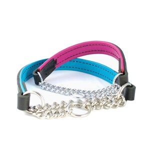 May include: A pink and blue leather dog collar with a silver chain.