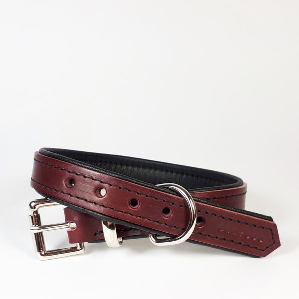 Dark Red on Black | Padded Leather Dog Collar | Handmade to Order | Made in UK