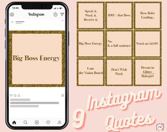 Instagram Templates | 9 Boss Babe Instagram Quotes | Insta Backgrounds | Instagram Post Templates | Ready to Post | Gold and Glitter