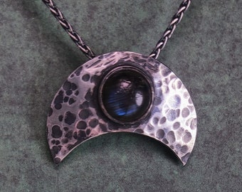 Dark silver viking lunula pendant with labradorite, handmade