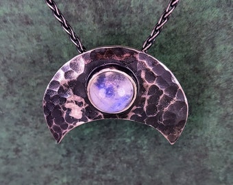 Dark silver viking lunula pendant with Moonstone, handmade