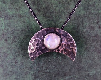 Dark silver viking lunula pendant with Moonstone, handmade