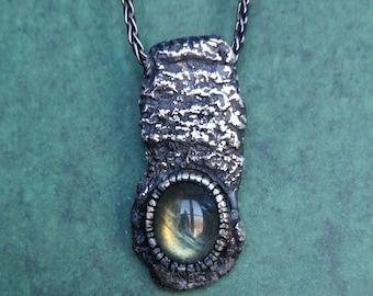 Dark Raw Silver pendant with Labradorite, hand made