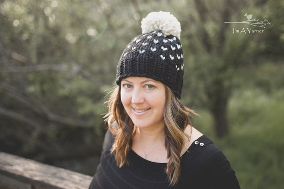 Black and White Knit Hat, Pom Pom Beanie for Kids, Adult Pompom Toque, Knitted Hats for Babies, Chunky Winter Hat, Hat with Pom Pom, Warm