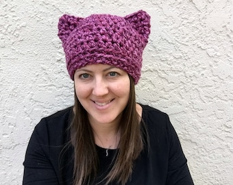 Dark Pink Pussyhat, Pussycat Hat, Pussy Hat, Pink Cat Hat, International Women's Day, 2019 Womans March, Feminist Beanie, Crochet Pussyhat