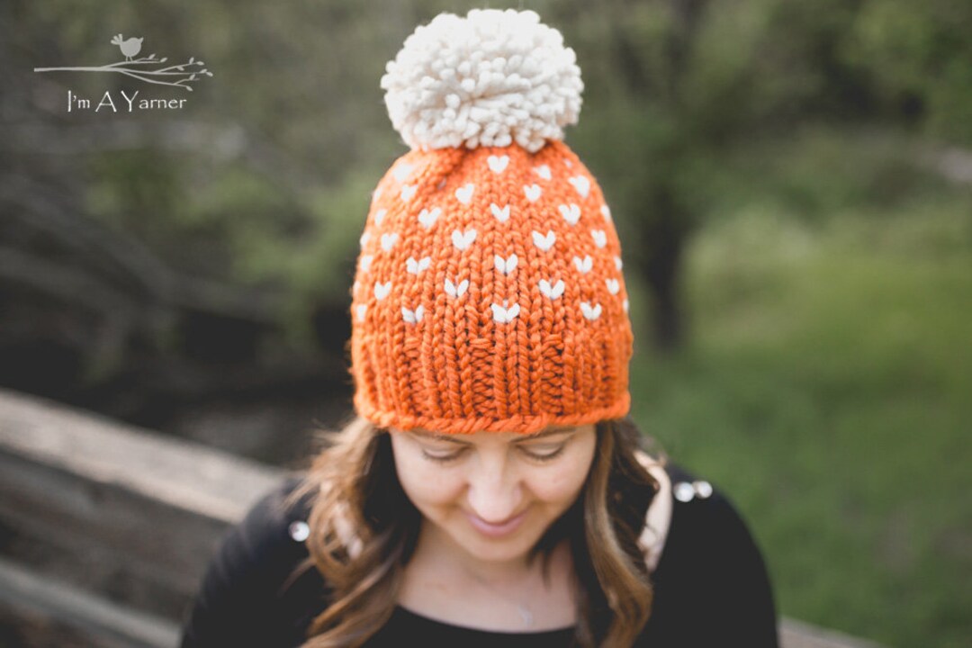 Orange Knit Hat, Pom Pom Beanie for Women, Adult Pompom Toque