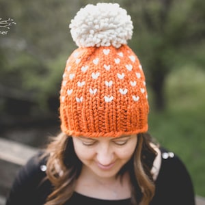 Orange Knit Hat, Pom Pom Beanie for Women, Adult Pompom Toque, Halloween Hat, Chunky Winter Hat, Hat With Pom Pom, Pumpkin Beanie, Fall Hat image 1