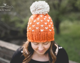 Orange Knit Hat, Pom Pom Beanie for Women, Adult Pompom Toque, Halloween Hat, Chunky Winter Hat, Hat With Pom Pom, Pumpkin Beanie, Fall Hat