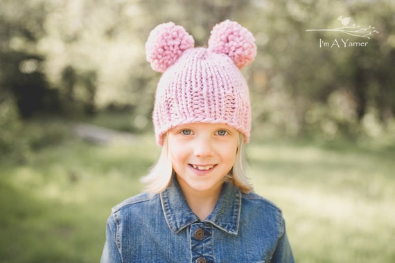 Chapeau rose double pompon bonnet pompon pom pom pom hat femme