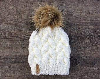 Adult Knit Hat, Cable Knit Beanie, Chunky Knit Pom Pom Hat, Faux Fur Pom Beanie, Ladies Winter Hat, Ski Hat, White Hat, Warm Winter Hat
