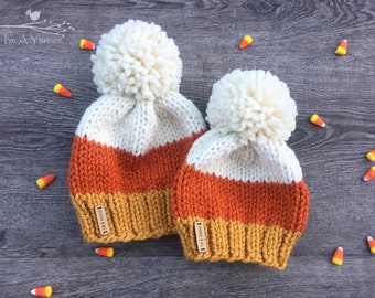 Candy Corn Hat, Halloween Knit Beanie, Candy Corn Pom Pom Hat, Fall Toque, Adult Halloween Hat, Knit Hats for Kids, Chunky Knit Hat Baby Hat