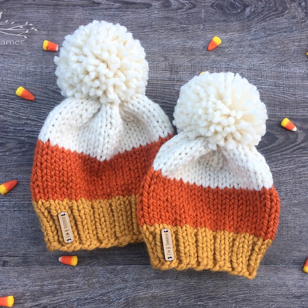 Candy Corn Hat, Halloween Knit Beanie, Candy Corn Pom Pom Hat, Fall Toque, Adult Halloween Hat, Knit Hats for Kids, Chunky Knit Hat Baby Hat