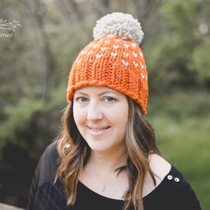 Orange Knit Hat, Pom Pom Beanie for Women, Adult Pompom Toque, Halloween Hat, Chunky Winter Hat, Hat With Pom Pom, Pumpkin Beanie, Fall Hat image 2