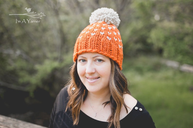 Orange Knit Hat, Pom Pom Beanie for Women, Adult Pompom Toque, Halloween Hat, Chunky Winter Hat, Hat With Pom Pom, Pumpkin Beanie, Fall Hat image 2