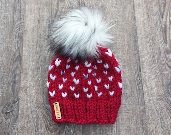 Red and White Knit Hat, Chunky Knit Beanie, Pom Pom Hat, Faux Fur Pom Toque, Santa Beanie, Christmas Pictures, Knitted Santa Hat, Baby Hat