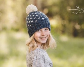 Blue Chunky Knit Hat, Pom Pom Beanie for Kids, Adult Pompom Toque, Knitted Hats for Babies, Toddler Winter Hat, Hat With Pom Pom, Warm Hat