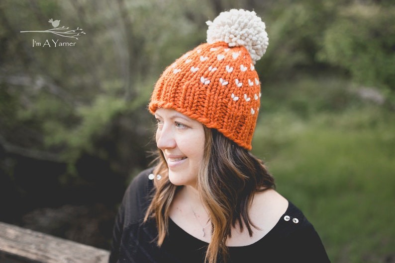 Orange Knit Hat, Pom Pom Beanie for Women, Adult Pompom Toque, Halloween Hat, Chunky Winter Hat, Hat With Pom Pom, Pumpkin Beanie, Fall Hat image 3