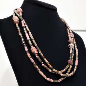 Pink Black Rhodonite Spaghetti Necklace Multistrand Polished Stone Necklace image 1