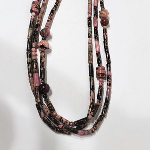 Pink Black Rhodonite Spaghetti Necklace Multistrand Polished Stone Necklace image 2