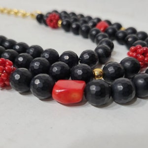 Black Onyx Triple Strand Necklace Black Red and Gold Jewelry image 6