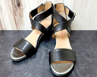 Italian Black and Silver Leather Anklestrap 3" Wedge Shoes - Womens EU40