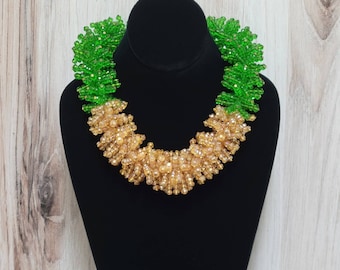 Lucite Beaded Statement Necklace Vintage - Designer Costume Jewelry in Green and Gold