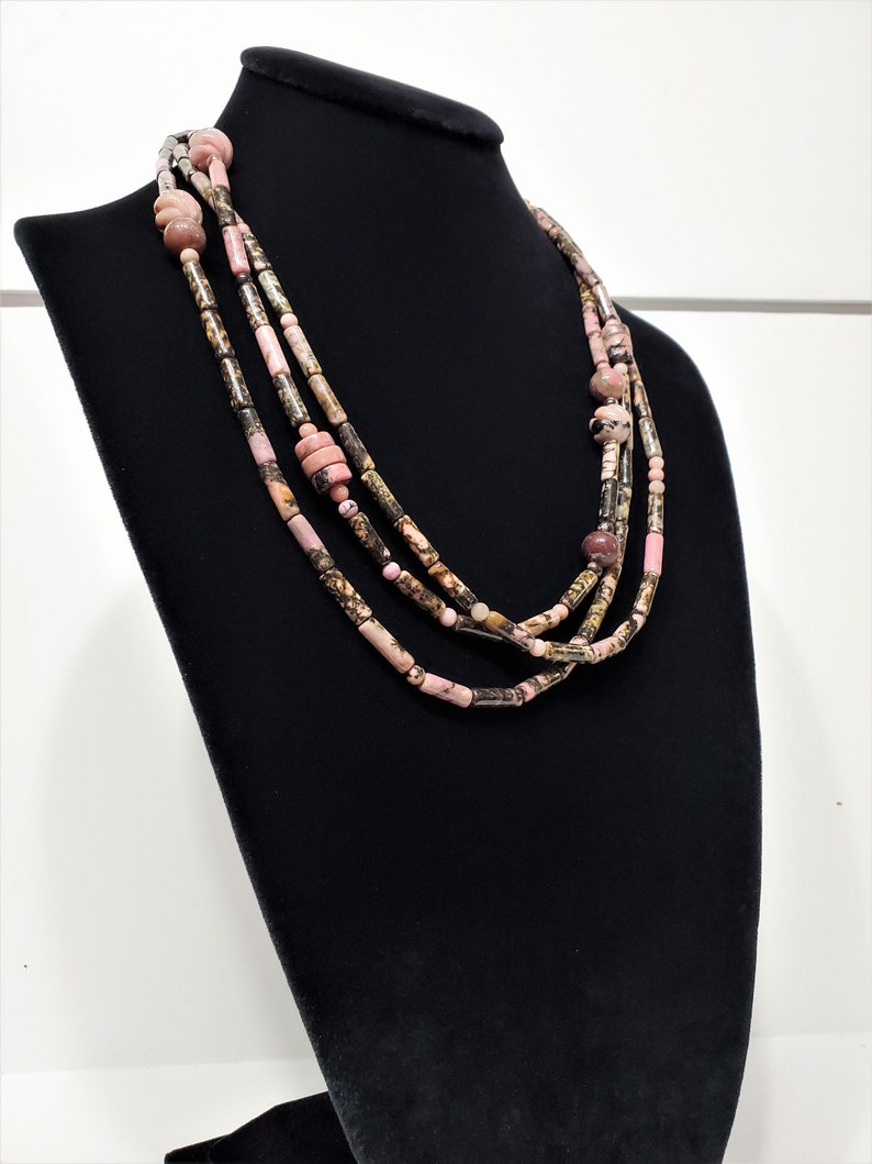 Pink Black Rhodonite Spaghetti Necklace Multistrand Polished Stone Necklace image 1