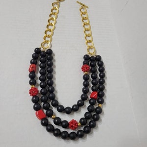 Black Onyx Triple Strand Necklace Black Red and Gold Jewelry image 7