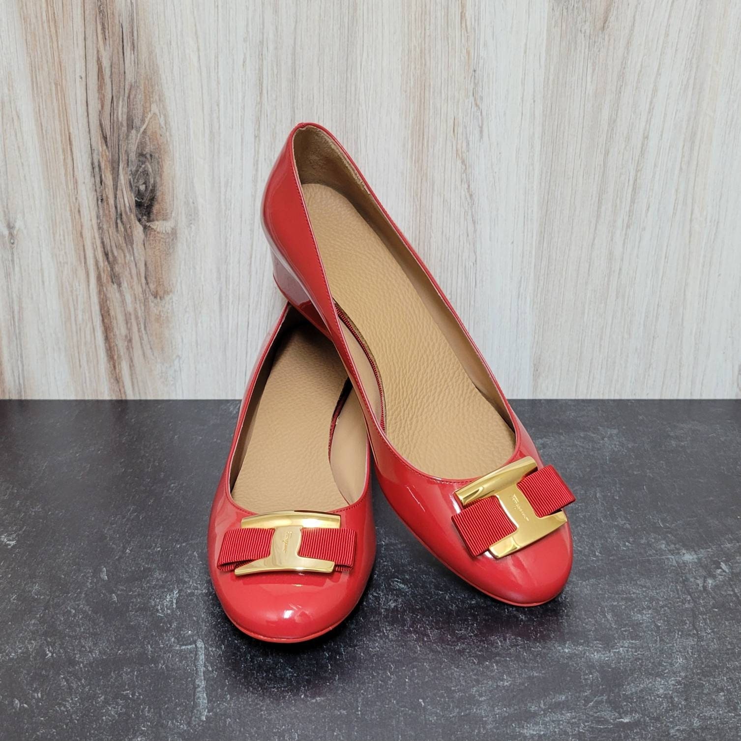 Ferragamo Low Wedge Heel Red Patent Leather Womens 11M - Etsy