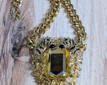 Collar de cristal citrino con cebras, estilo vintage de los años 80, cadena gruesa, joyería llamativa.