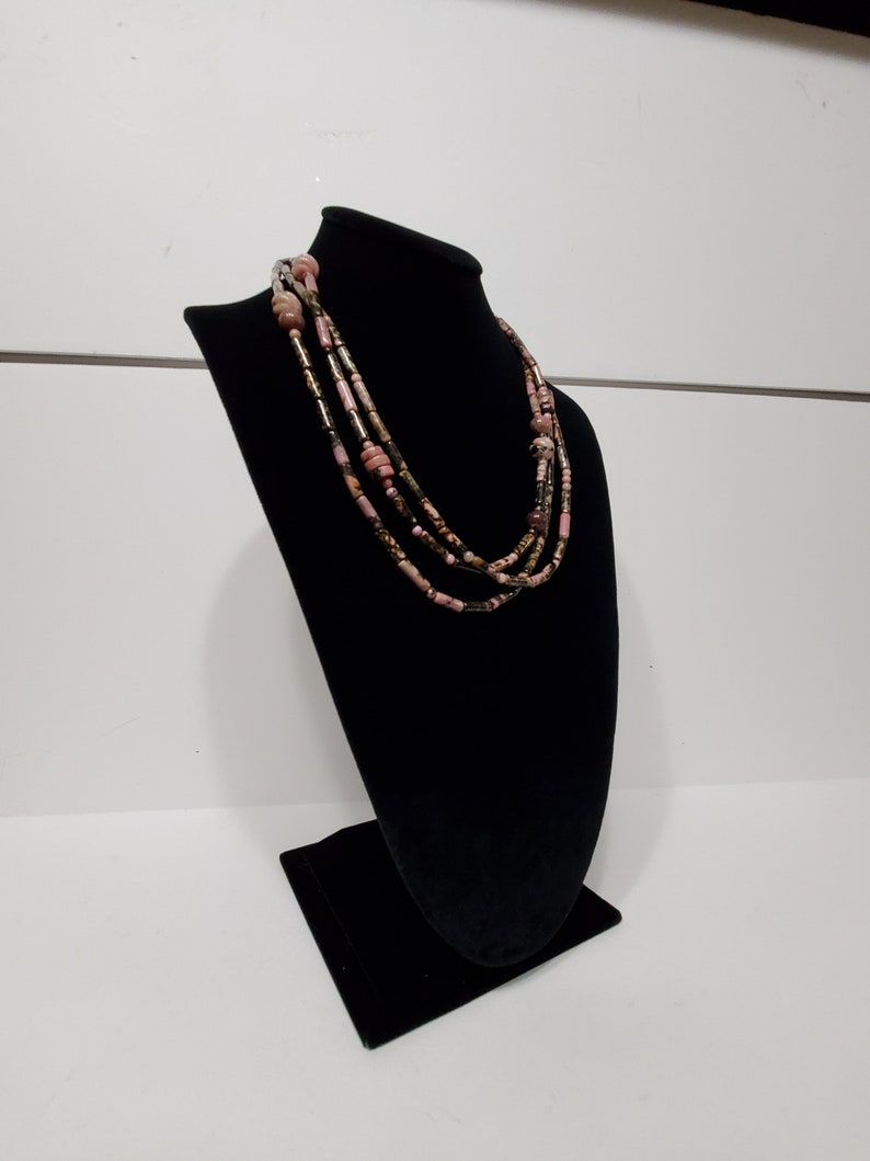 Pink Black Rhodonite Spaghetti Necklace Multistrand Polished Stone Necklace image 4