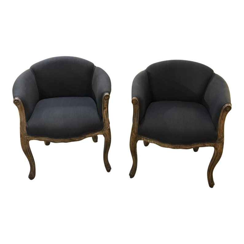 Pair Of Berger Chairs Navy Linen Neoclassical Occasional Chairs Carved Wood Frames Upholstered Seating Living Room Furniture