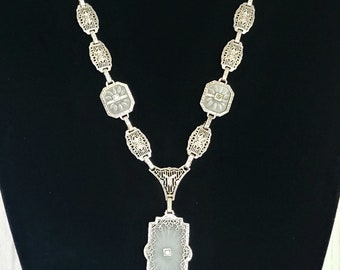 Vintage Camphor Glass and Sterling Silver Filigree Pendant Necklace, 22"