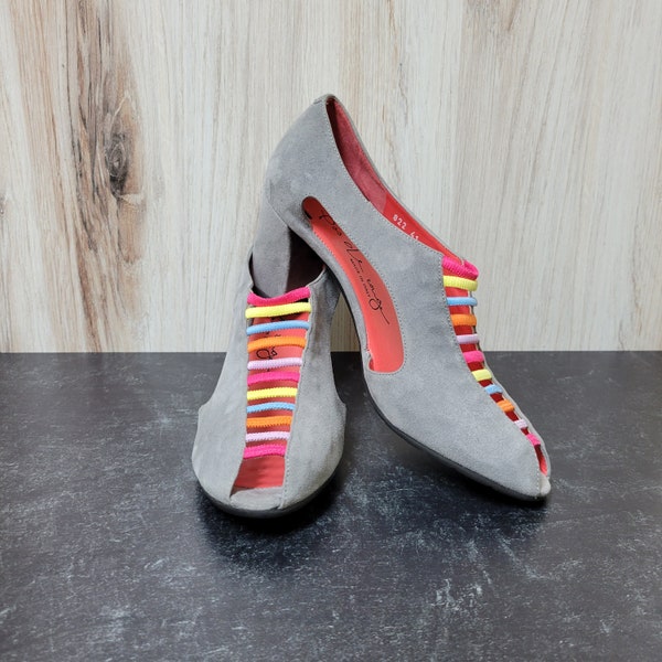 Gray Suede Cutout Pump with Colorful Detail - Womens EU41