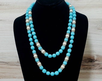 XLong Blue Glass and Pearl Beaded Necklace - One of a Kind Jewelry