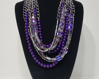 Purple Jade and Irridescent Crystal Cowl Necklace - Silver and Purple Jewelry