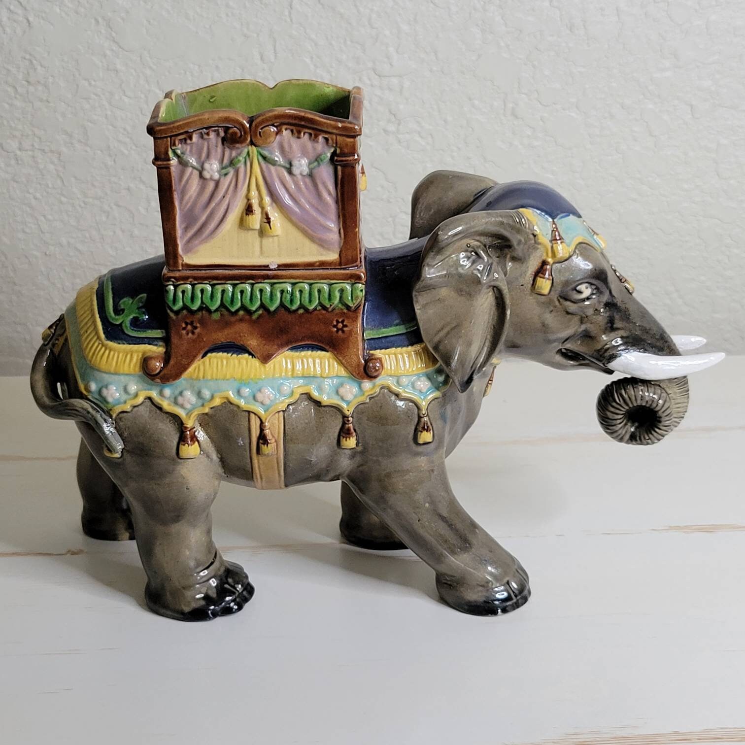 Elephant Planter, Elephant Figurine, Majolica Planter,Bamboo Planter