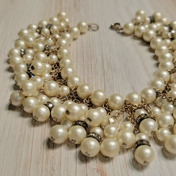 Vintage Bracelet Layered Faux Pearls and Rhinestones, Drunken Pearls, 8 inch