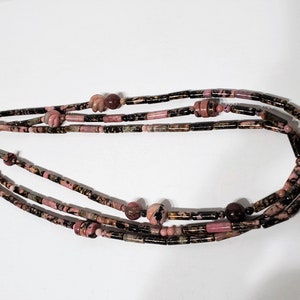 Pink Black Rhodonite Spaghetti Necklace Multistrand Polished Stone Necklace image 7