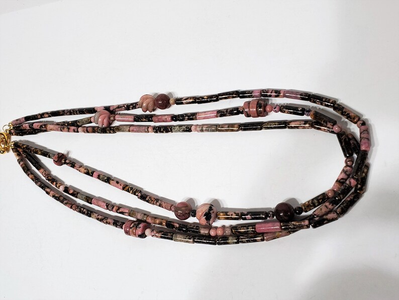 Pink Black Rhodonite Spaghetti Necklace Multistrand Polished Stone Necklace image 7