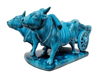 Carro de bueyes de mayólica de Clement Massier Golfe Juan, mayólica francesa, cuerno roto